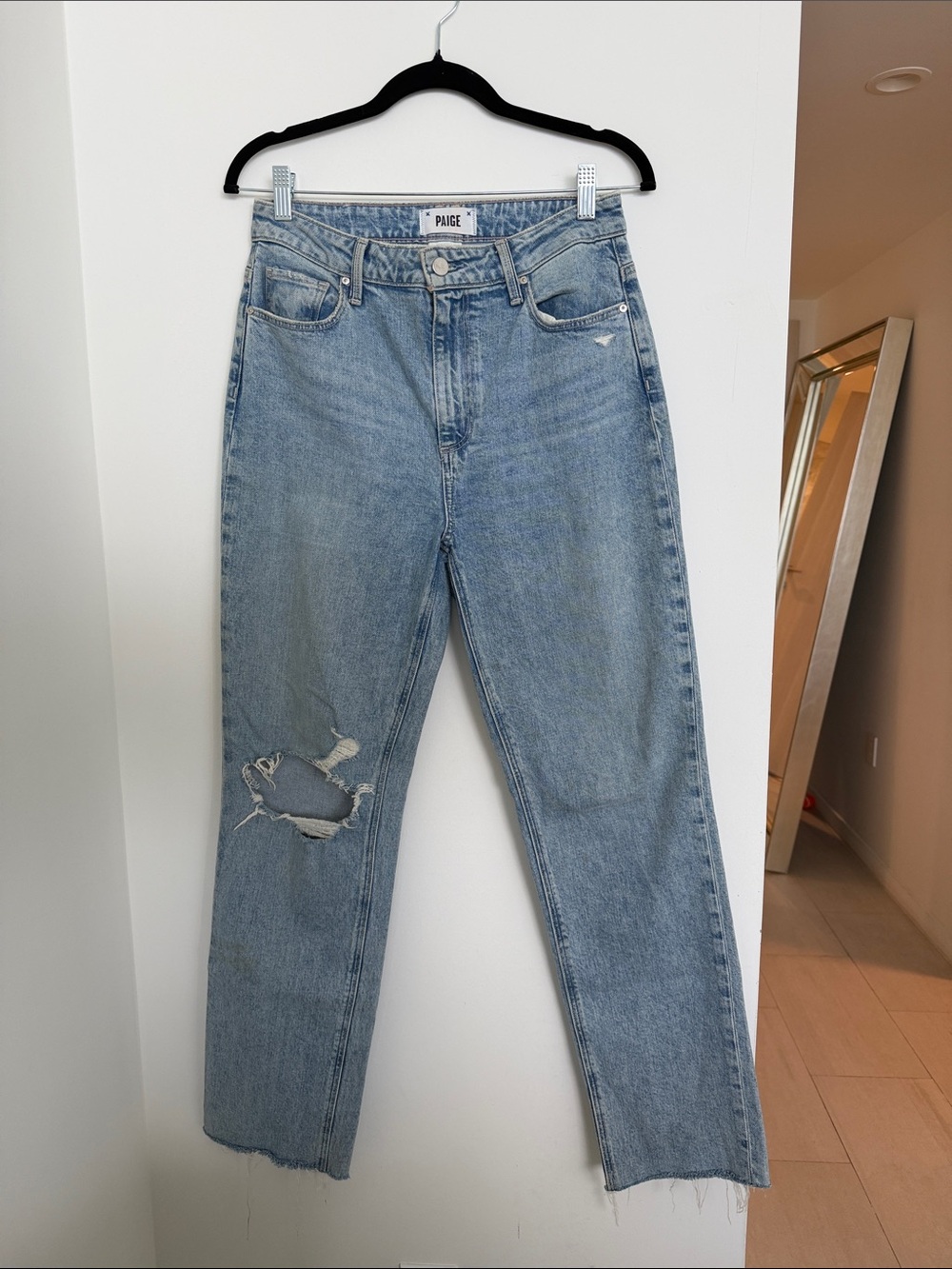 PAIGE Light Blue Straight Leg Distressed Jeans